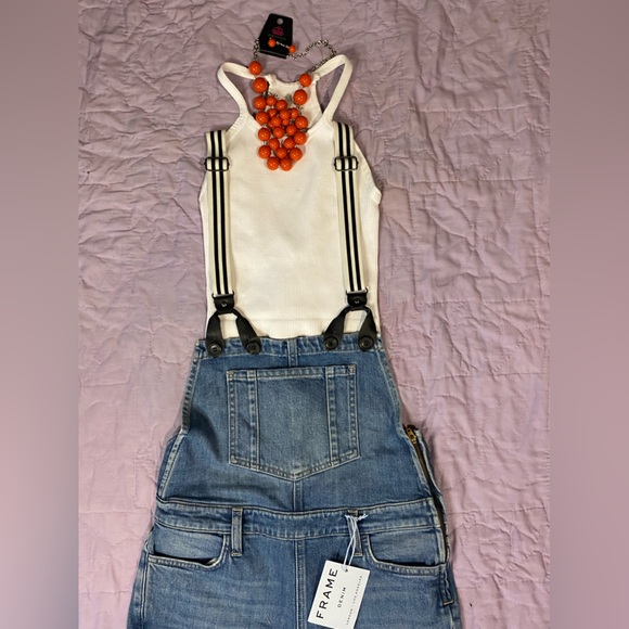 FRAME DENIM Straight Leg Distressed Suspenders Overalls ROADIES Blue - Picture 16 of 16